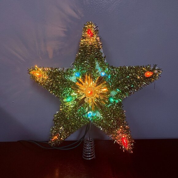 Vintage GOLD Tinsel Christmas Tree Topper Star Lighted - Picture 2 of 9